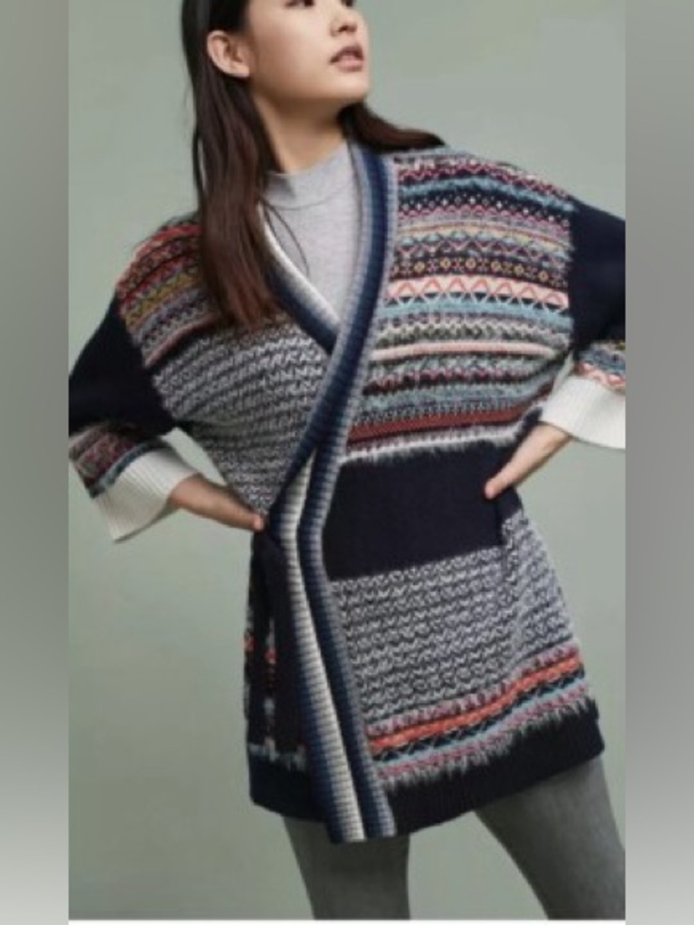 Sleeping on Snow Mixed Stitch Kimono Cardigan Fair Isle Wrap Sweater Womens M/L